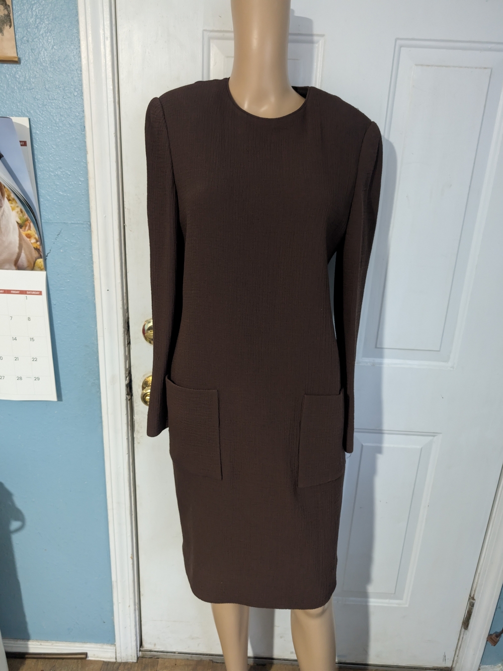 David Hayes Classic Brown Long-Sleeve Pocket Dress